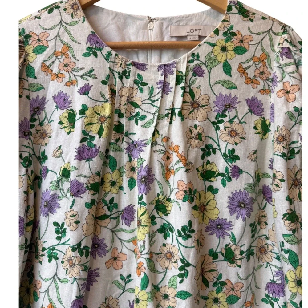 LOFT Floral Linen Puff Ruffle‎ Sleeve Shift Dress Size 14 Feminine Romantic